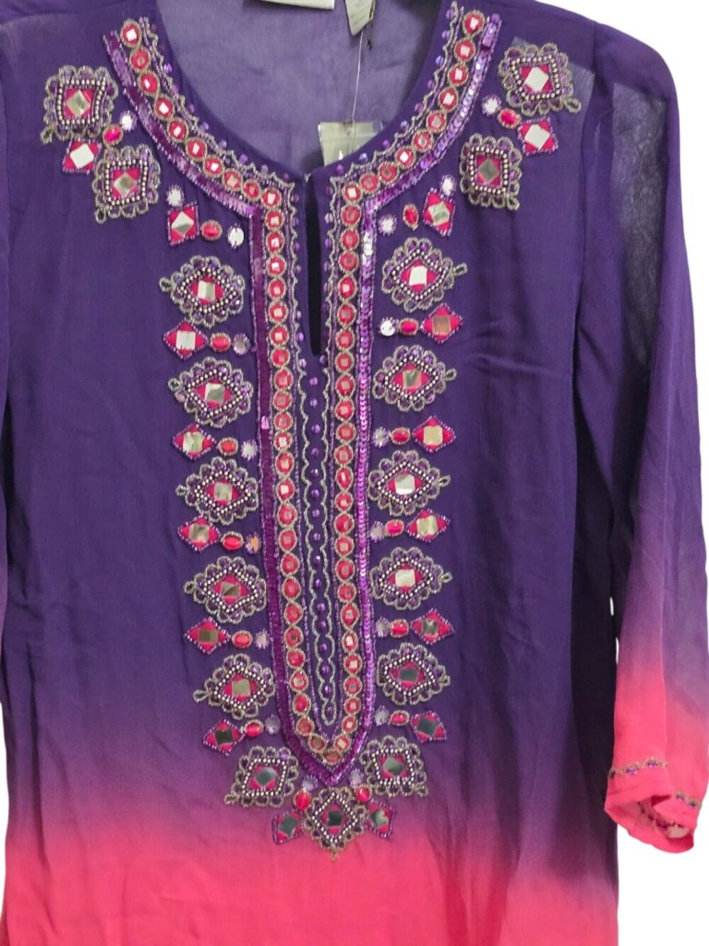 NWT Chicos Size 0 Ombre Pretty Jaida Purple Sheer Beaded Tunic Top Kaftan Resort - Picture 5 of 11